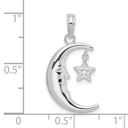 Sterlingsilber De-ani Rhodiniert Beweglich Poliert Crescent Mond mit Stern Anhänger