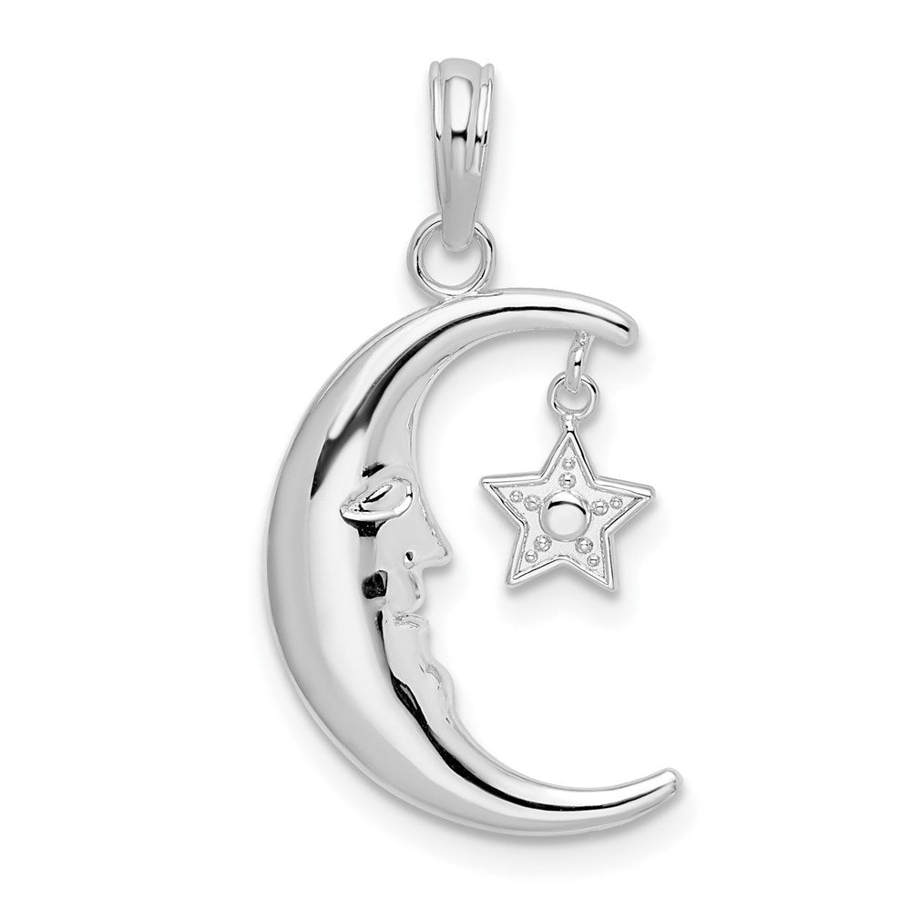 Sterlingsilber De-ani Rhodiniert Beweglich Poliert Crescent Mond mit Stern Anhänger