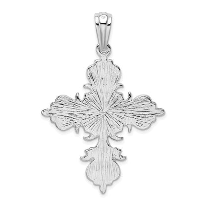 Sterlingsilber De-ani Rhodiniert Poliert und Strukturiert Fleur De Lis Kreuz Anhänger