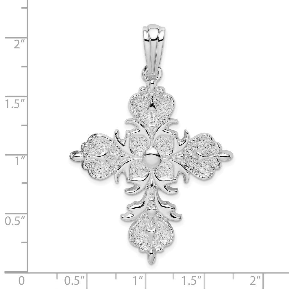 Sterlingsilber De-ani Rhodiniert Poliert und Strukturiert Fleur De Lis Kreuz Anhänger