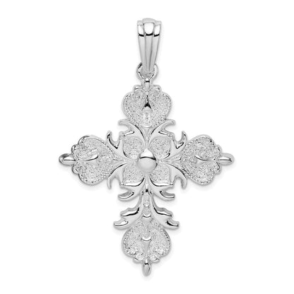 Sterlingsilber De-ani Rhodiniert Poliert und Strukturiert Fleur De Lis Kreuz Anhänger