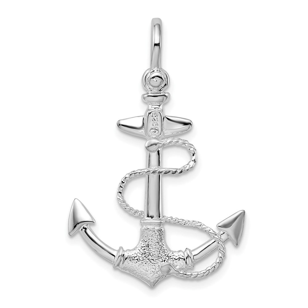 Sterlingsilber De-ani Rhodiniert Poliert und Strukturiert 3d Anker mit Kordel Anhänger