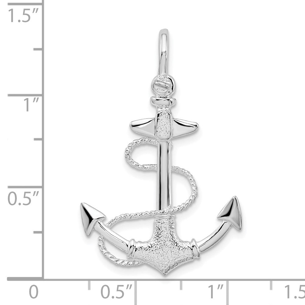 Sterlingsilber De-ani Rhodiniert Poliert und Strukturiert 3d Anker mit Kordel Anhänger