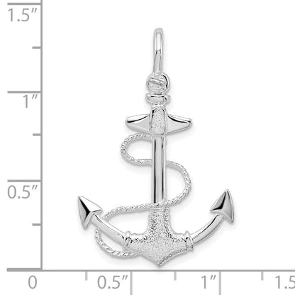 Sterlingsilber De-ani Rhodiniert Poliert und Strukturiert 3d Anker mit Kordel Anhänger