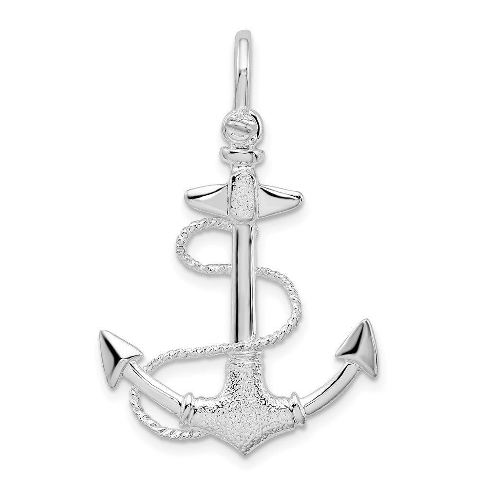 Sterlingsilber De-ani Rhodiniert Poliert und Strukturiert 3d Anker mit Kordel Anhänger