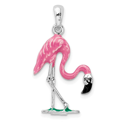 Sterlingsilber De-ani Rhodiniert Poliert 3d Rosa Flamingo Anhänger