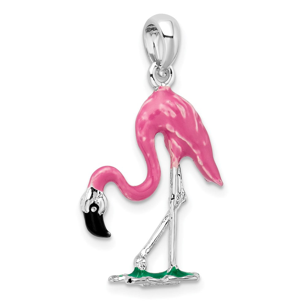 Sterlingsilber De-ani Rhodiniert Poliert 3d Rosa Flamingo Anhänger