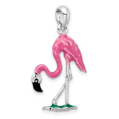 Sterlingsilber De-ani Rhodiniert Poliert 3d Rosa Flamingo Anhänger