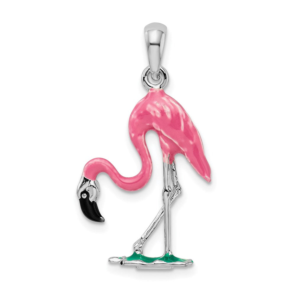 Sterlingsilber De-ani Rhodiniert Poliert 3d Rosa Flamingo Anhänger