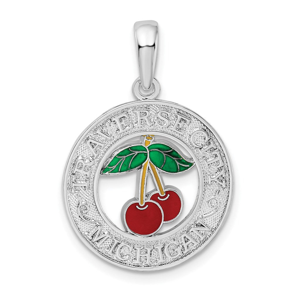 Sterlingsilber De-ani Rhodiniert Emailliert Traverse City Michigan mit Cherry Anhänger