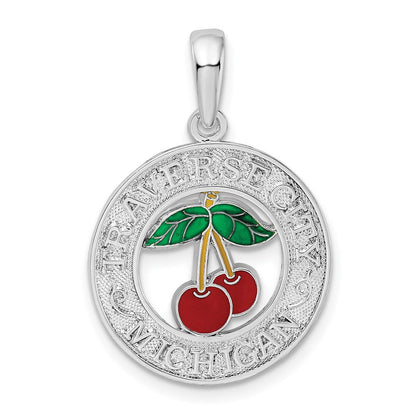 Sterlingsilber De-ani Rhodiniert Emailliert Traverse City Michigan mit Cherry Anhänger