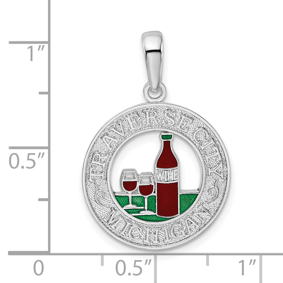 Sterlingsilber De-ani Rhodiniert Emailliert Traverse City Michigan mit Wine Anhänger