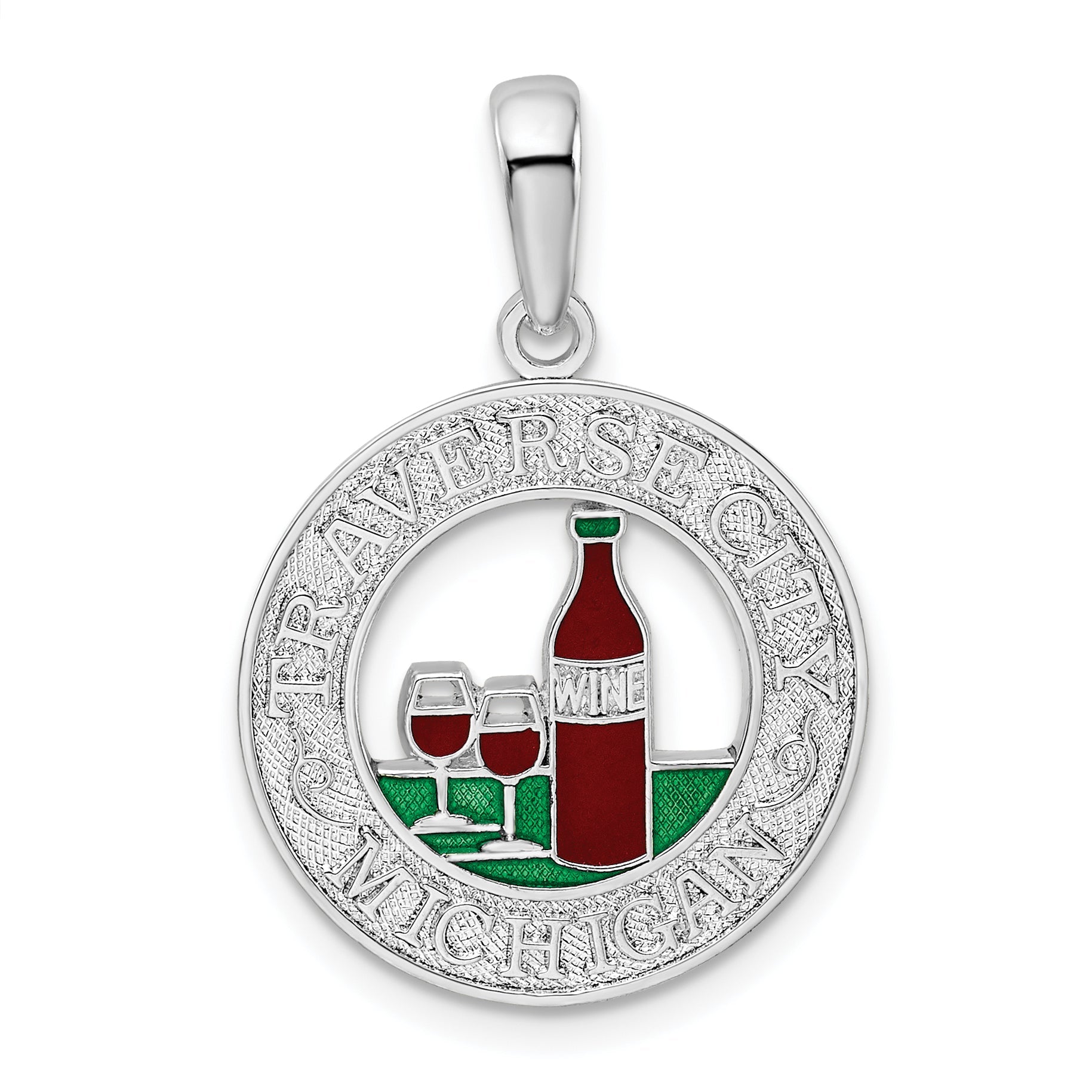 Sterlingsilber De-ani Rhodiniert Emailliert Traverse City Michigan mit Wine Anhänger