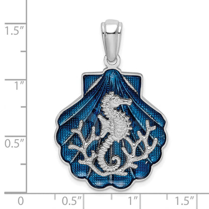 Sterlingsilber De-ani Rhodiniert Emailliert Blau Muschel mit Seepferdchen Anhänger