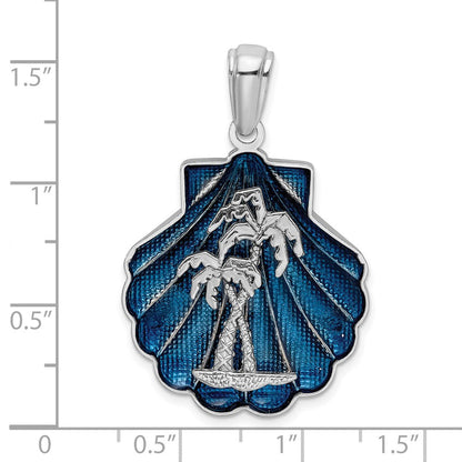 Sterlingsilber De-ani Rhodiniert Emailliert Blau Muschel mit Palme Trees Anhänger