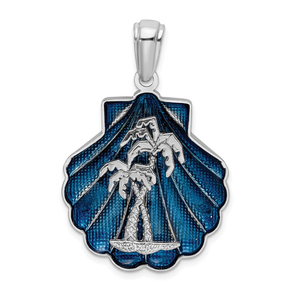 Sterlingsilber De-ani Rhodiniert Emailliert Blau Muschel mit Palme Trees Anhänger
