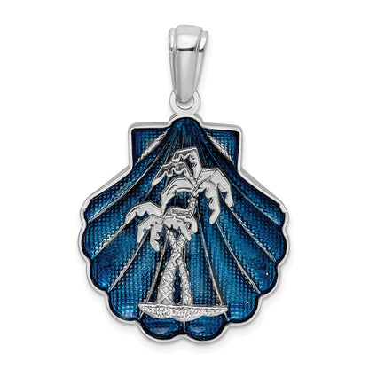 Sterlingsilber De-ani Rhodiniert Emailliert Blau Muschel mit Palme Trees Anhänger