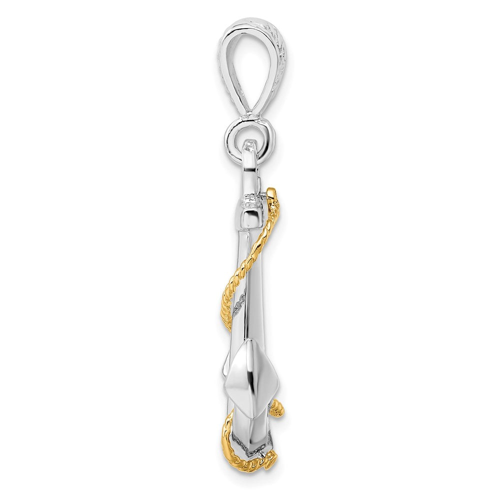 Silber/14K Bicolor De-ani Sterlingsilber Rhodiniert Poliert 3d Anker mit 14K Kordel Anhänger