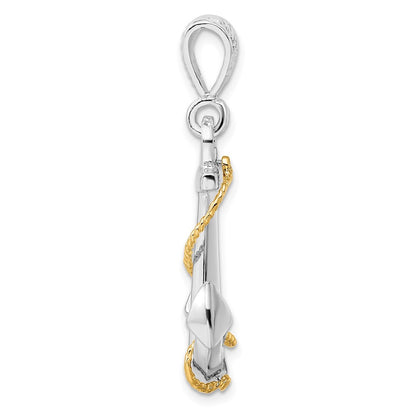 Silber/14K Bicolor De-ani Sterlingsilber Rhodiniert Poliert 3d Anker mit 14K Kordel Anhänger