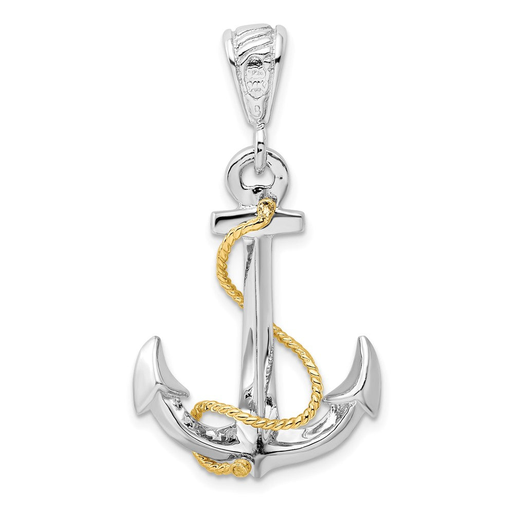 Silber/14K Bicolor De-ani Sterlingsilber Rhodiniert Poliert 3d Anker mit 14K Kordel Anhänger