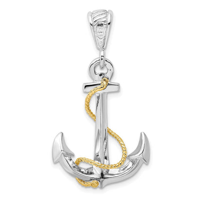 Silber/14K Bicolor De-ani Sterlingsilber Rhodiniert Poliert 3d Anker mit 14K Kordel Anhänger