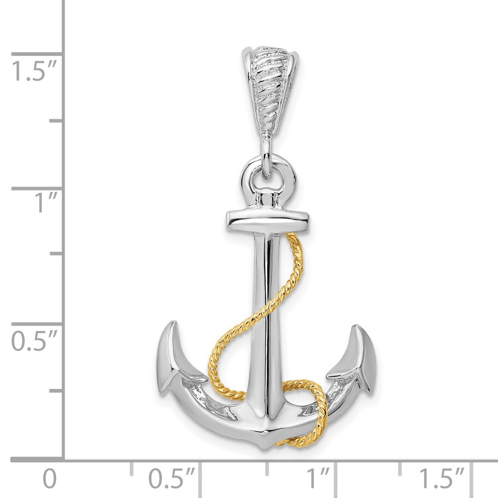 Silber/14K Bicolor De-ani Sterlingsilber Rhodiniert Poliert 3d Anker mit 14K Kordel Anhänger