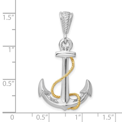 Silber/14K Bicolor De-ani Sterlingsilber Rhodiniert Poliert 3d Anker mit 14K Kordel Anhänger