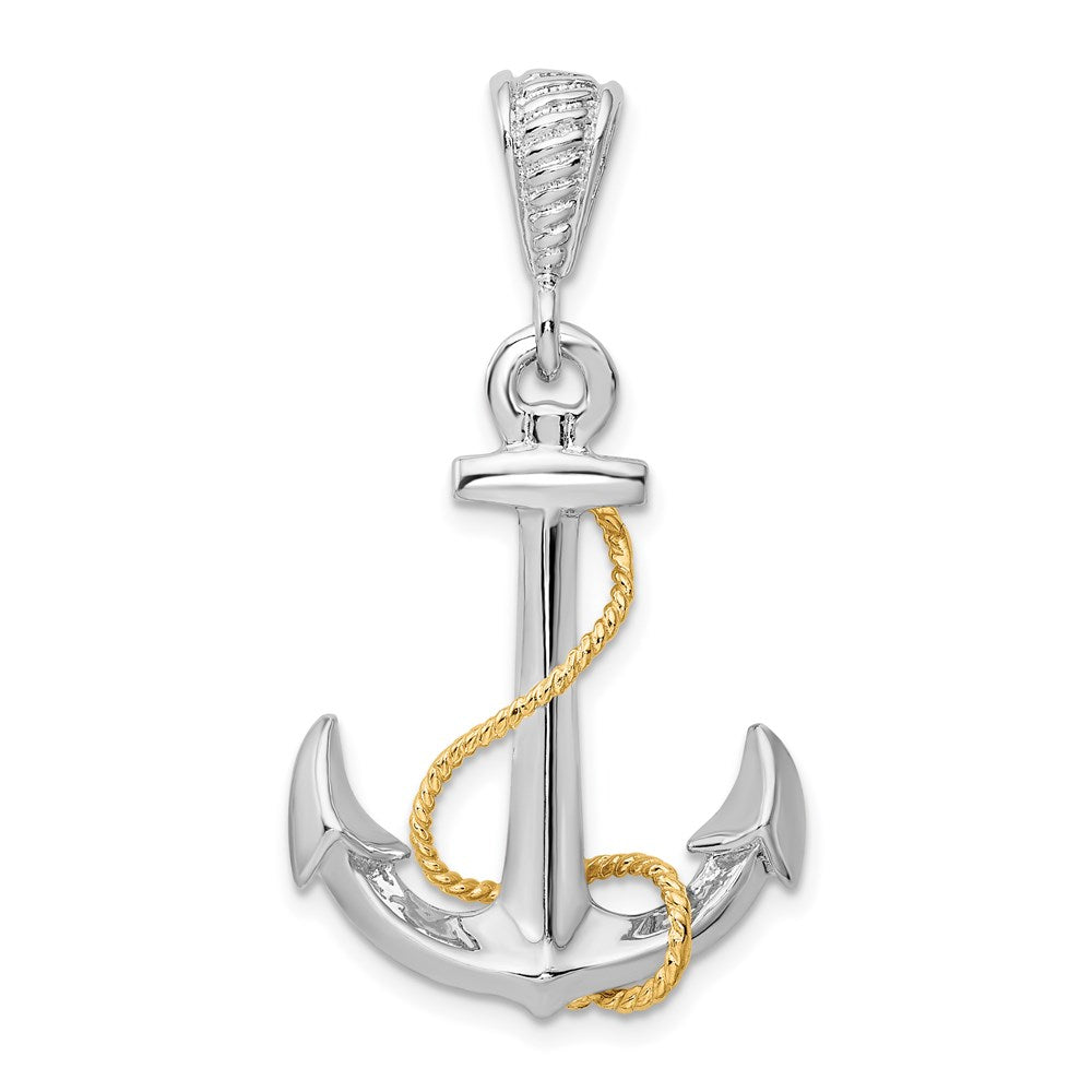 Silber/14K Bicolor De-ani Sterlingsilber Rhodiniert Poliert 3d Anker mit 14K Kordel Anhänger