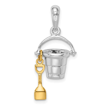 Silber/14K Bicolor Sterlingsilber Poliert 3d Beweglich Bucket mit 14K Shovel Anhänger