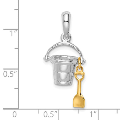 Silber/14K Bicolor Sterlingsilber Poliert 3d Beweglich Bucket mit 14K Shovel Anhänger