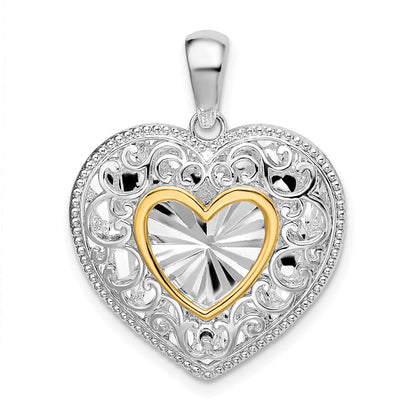 Silber/14K Bicolor De-ani Sterlingsilber Rhodiniert Poliert Herz mit 14K Akzente Anhänger