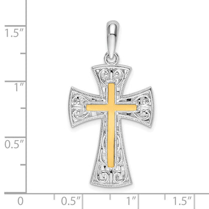 Silber/14K Bicolor De-ani Sterlingsilber Rhodiniert Poliert Fantasie Kreuz mit 14K Akzente Anhänger