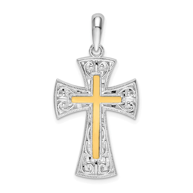 Silber/14K Bicolor De-ani Sterlingsilber Rhodiniert Poliert Fantasie Kreuz mit 14K Akzente Anhänger