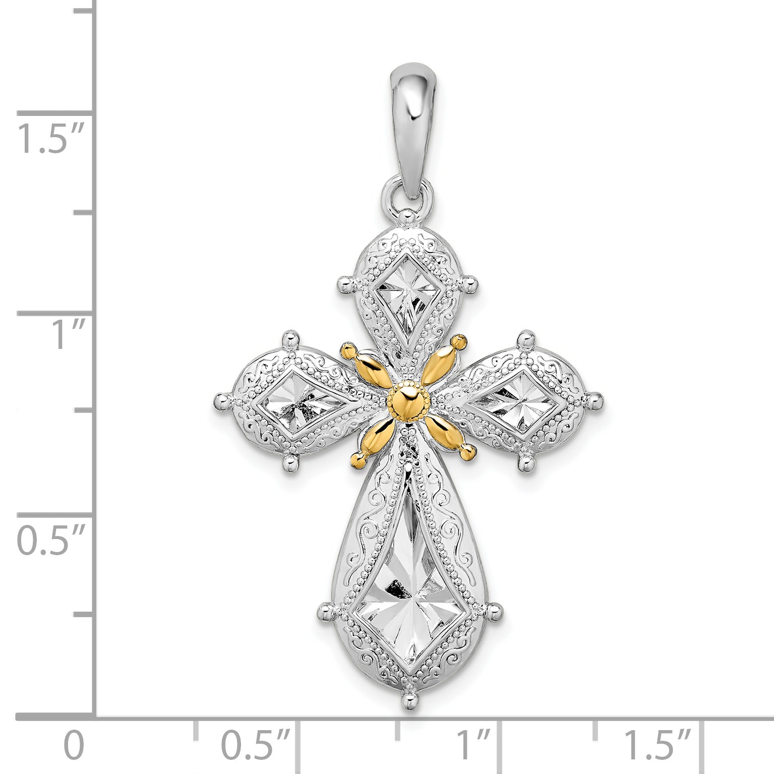Silber/14K Bicolor De-ani Sterlingsilber Rhodiniert Poliert Filigran Kreuz mit 14K Akzente Anhänger