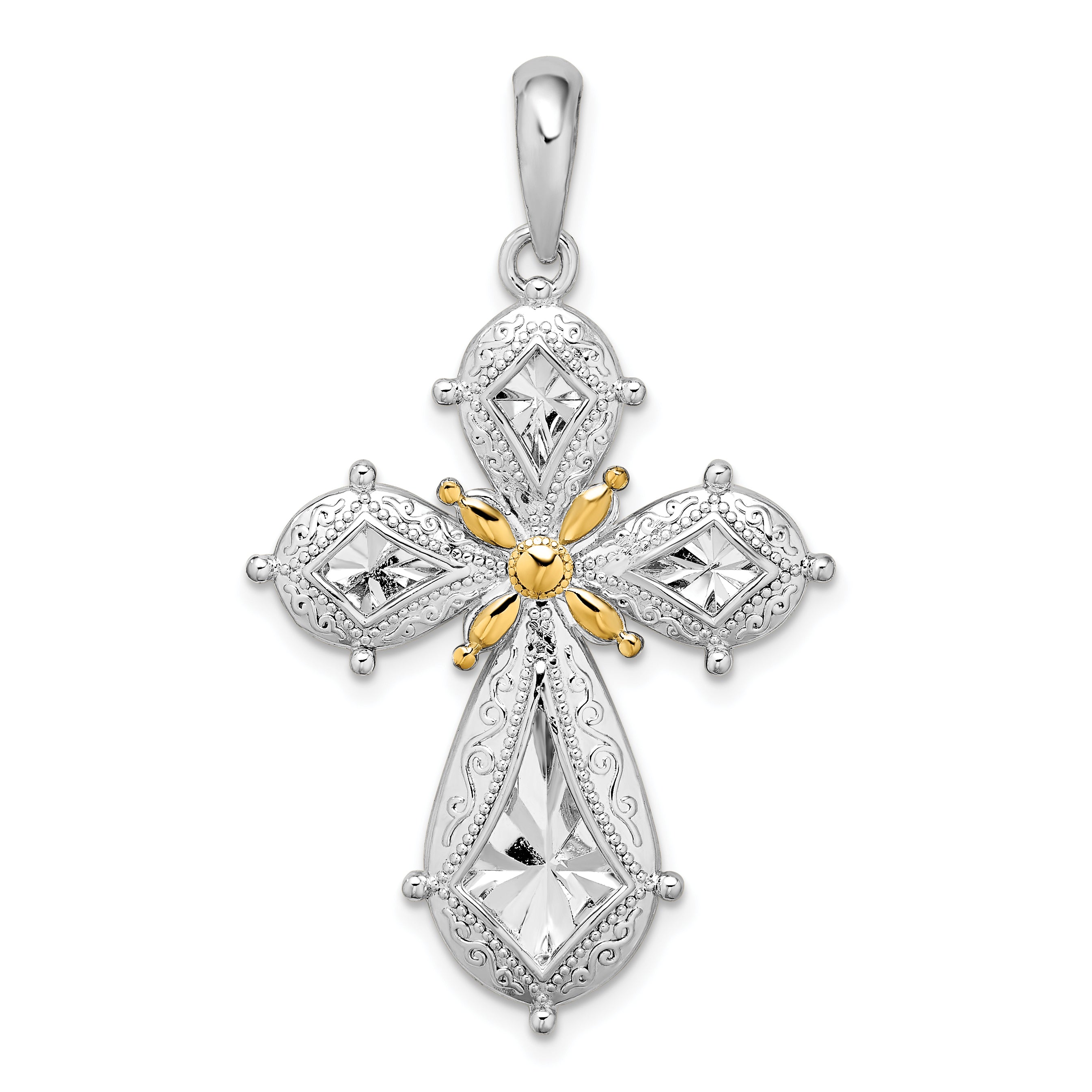 Silber/14K Bicolor De-ani Sterlingsilber Rhodiniert Poliert Filigran Kreuz mit 14K Akzente Anhänger