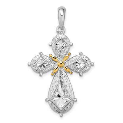 Silber/14K Bicolor De-ani Sterlingsilber Rhodiniert Poliert Filigran Kreuz mit 14K Akzente Anhänger