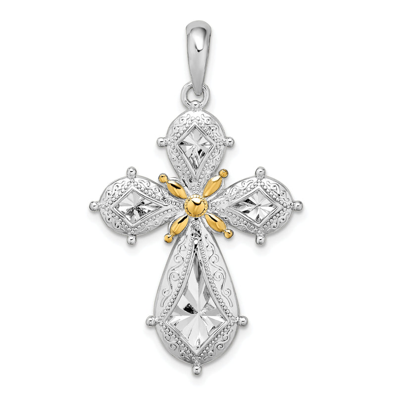 Silber/14K Bicolor De-ani Sterlingsilber Rhodiniert Poliert Filigran Kreuz mit 14K Akzente Anhänger