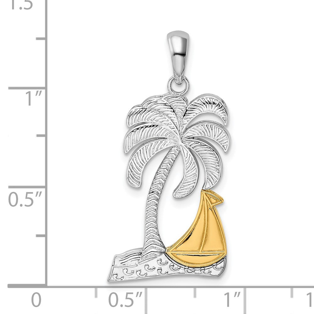 Silber/14K Bicolor De-ani Sterlingsilber Rhodiniert Poliert Palme Baum mit 14K Segelboot Anhänger