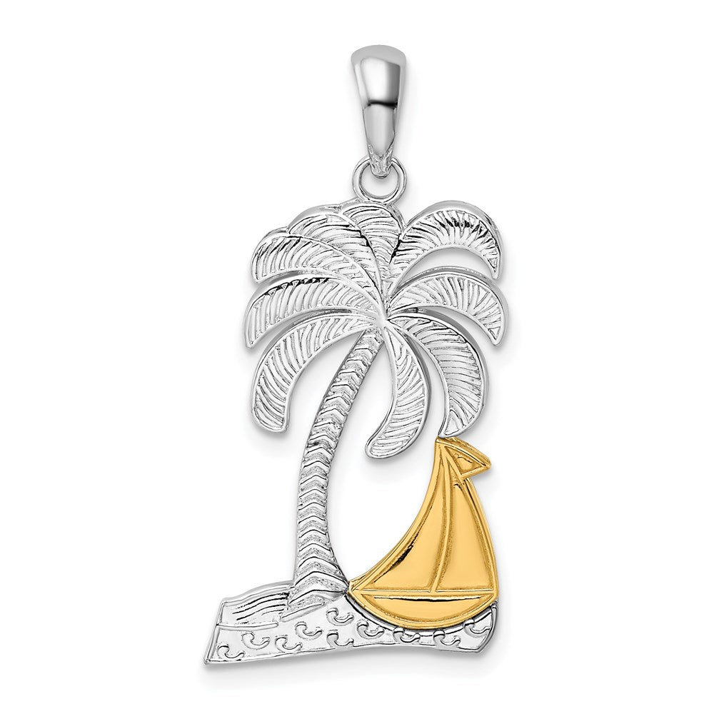 Silber/14K Bicolor De-ani Sterlingsilber Rhodiniert Poliert Palme Baum mit 14K Segelboot Anhänger