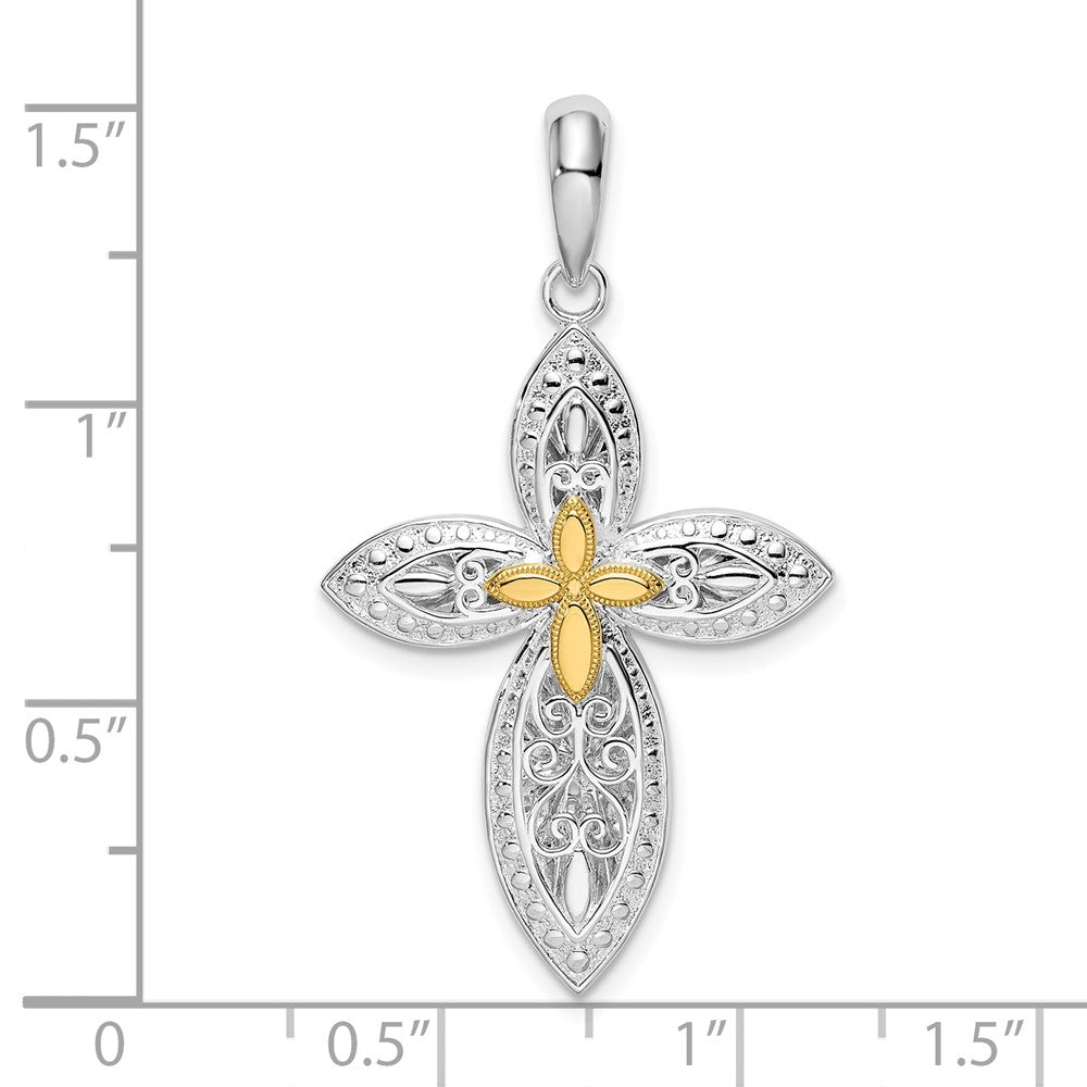 Silber/14K Bicolor Sterlingsilber Poliert Filigran Kreuz mit 14K Akzente Anhänger