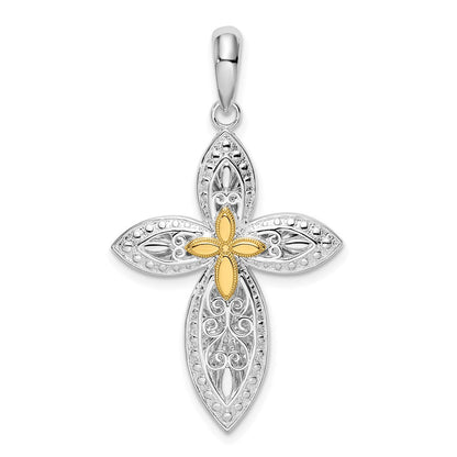 Silber/14K Bicolor Sterlingsilber Poliert Filigran Kreuz mit 14K Akzente Anhänger