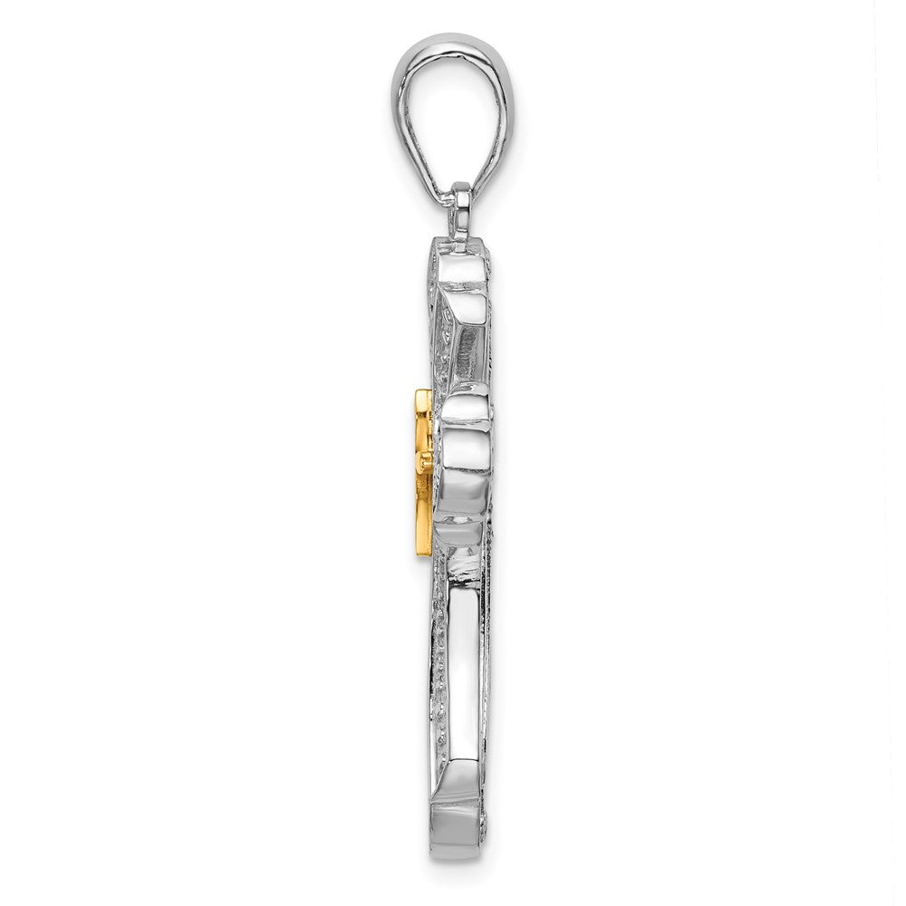 Silber/14K Bicolor De-ani Sterlingsilber Rhodiniert Filigran Knospend Kreuz mit 14K Akzente Anhänger