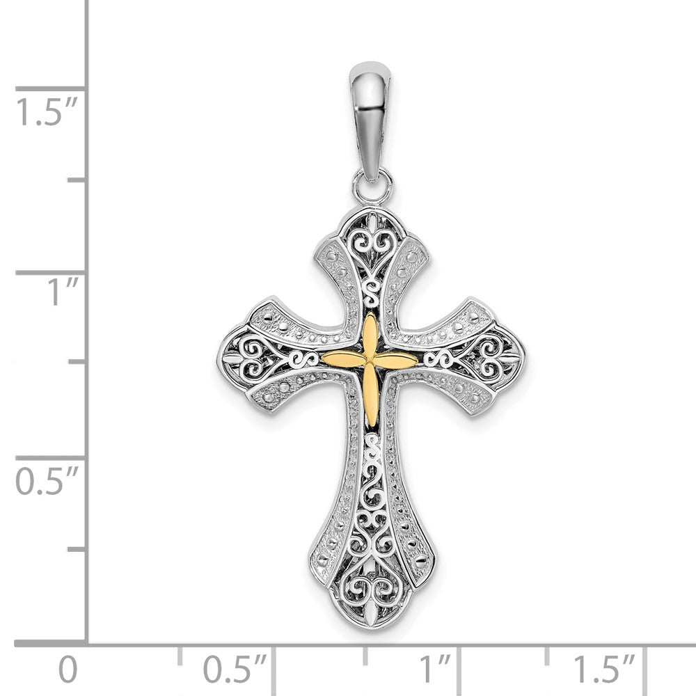 Silber/14K Bicolor De-ani Sterlingsilber Rhodiniert Filigran Knospend Kreuz mit 14K Akzente Anhänger