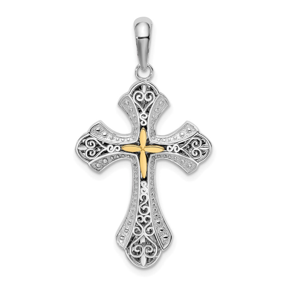 Silber/14K Bicolor De-ani Sterlingsilber Rhodiniert Filigran Knospend Kreuz mit 14K Akzente Anhänger