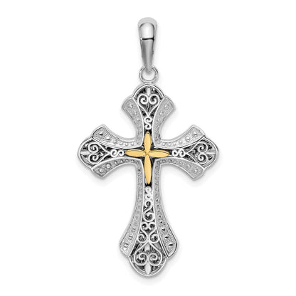 Silber/14K Bicolor De-ani Sterlingsilber Rhodiniert Filigran Knospend Kreuz mit 14K Akzente Anhänger