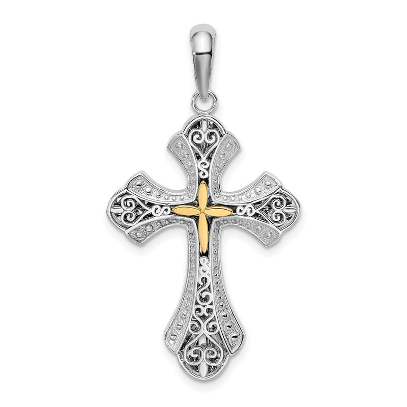 Silber/14K Bicolor De-ani Sterlingsilber Rhodiniert Filigran Knospend Kreuz mit 14K Akzente Anhänger