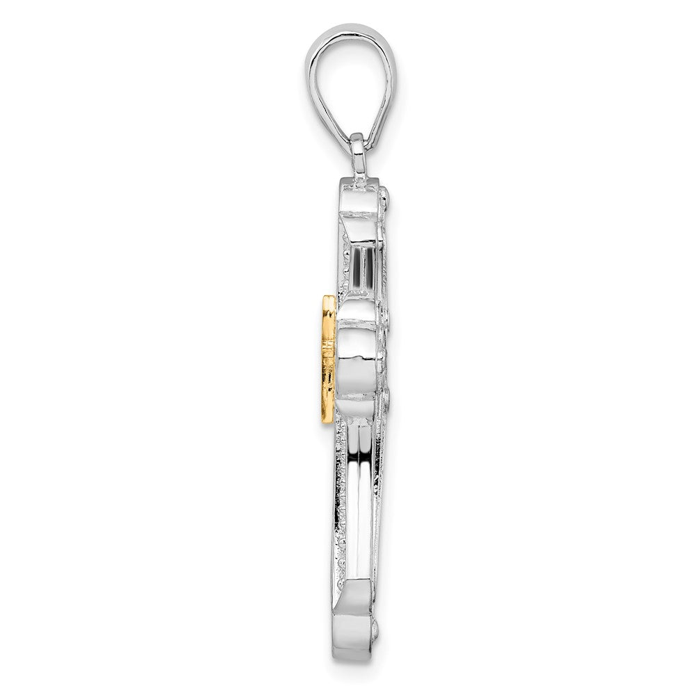 Silber/14K Bicolor De-ani Sterlingsilber Rhodiniert Diamantiert Knospend Kreuz mit 14K Akzente Anhänger