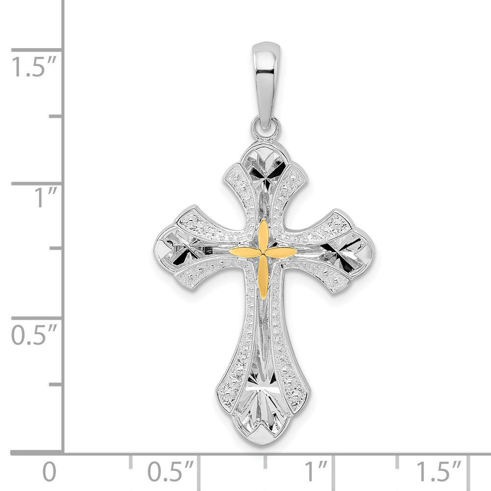 Silber/14K Bicolor De-ani Sterlingsilber Rhodiniert Diamantiert Knospend Kreuz mit 14K Akzente Anhänger