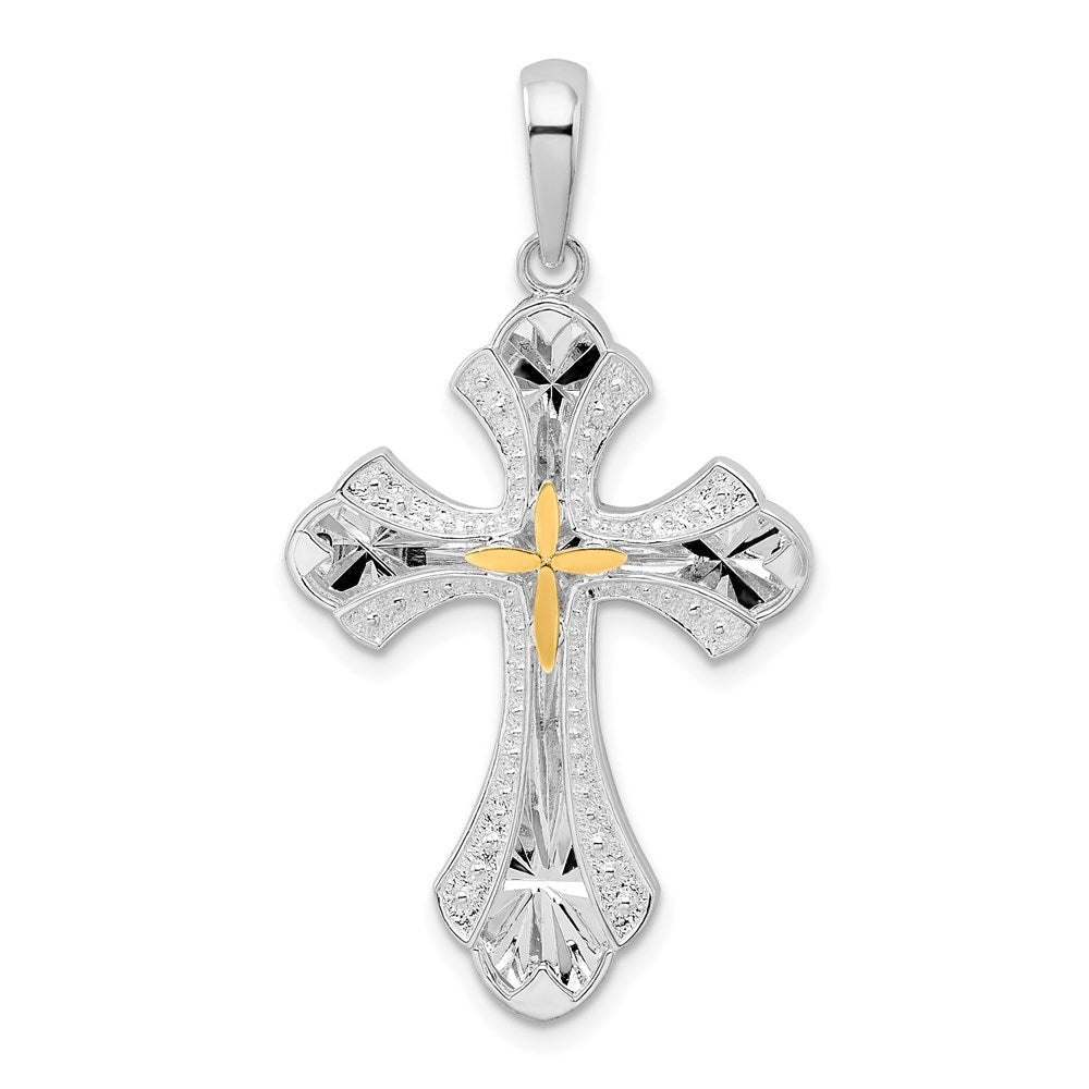 Silber/14K Bicolor De-ani Sterlingsilber Rhodiniert Diamantiert Knospend Kreuz mit 14K Akzente Anhänger