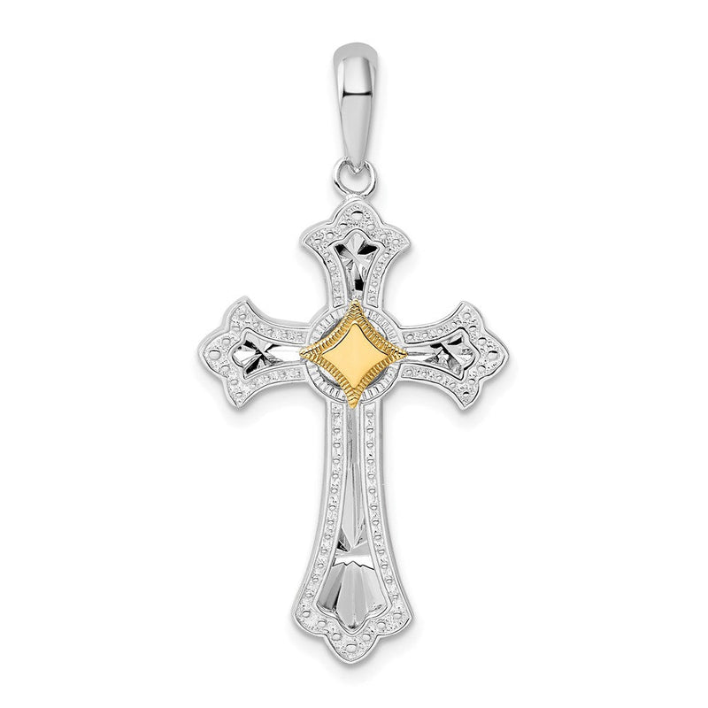 Silber/14K Bicolor De-ani Sterlingsilber Rhodiniert Diamantiert Fleur De Lis Kreuz mit 14K Akzente Anhänger